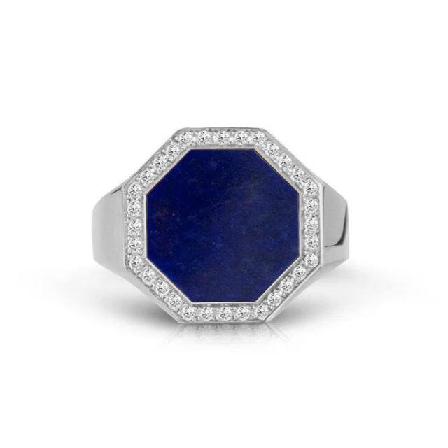 10K Gold Cubic Zirconia & 3CT Lapis Lazuli Personalized Classic Name Ring for Men-2