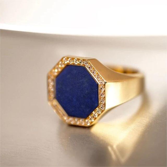 10K Gold Cubic Zirconia & 3CT Lapis Lazuli Personalized Classic Name Ring for Men-4