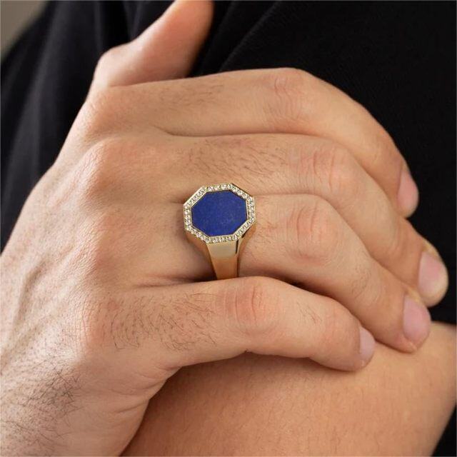 10K Gold Cubic Zirconia & 3CT Lapis Lazuli Personalized Classic Name Ring for Men-5