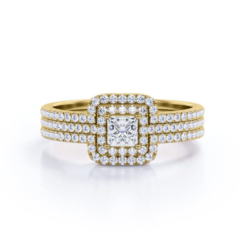 Bague de fiançailles en moissanite taille princesse en or 10 carats 0,3 ct avec diamant cultivé en laboratoire 0,75 ct