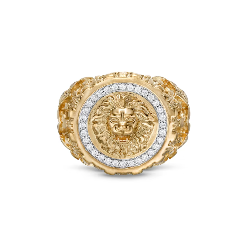 10K Gold 0.25CT.T.W. Round Diamond Custom Lion Signet Ring for Men I Color I3 Clarity 3EX-1