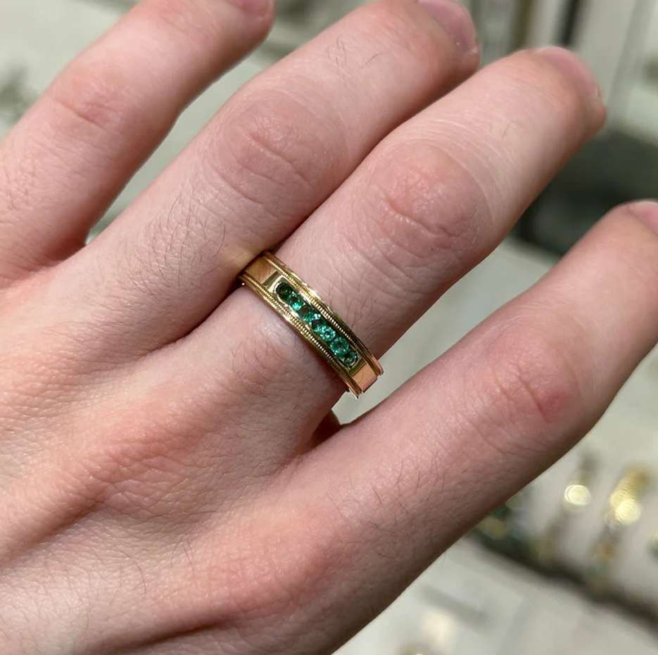 10K Złoty 0.4 CT.T.W. Średniej wielkości Zielony Okrągły Szmaragdowy Męski Obrączka Unisex-2