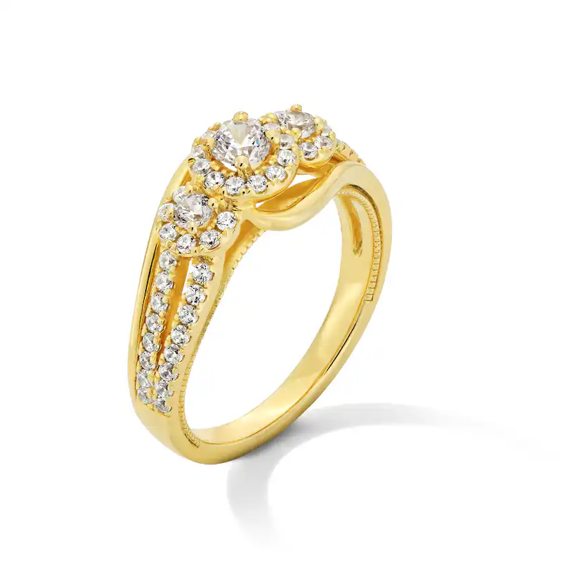 Bague de fiançailles personnalisée en or 10 carats avec monture en diamants ronds et poires de 3/4 ct et tige à rangée de deux-3