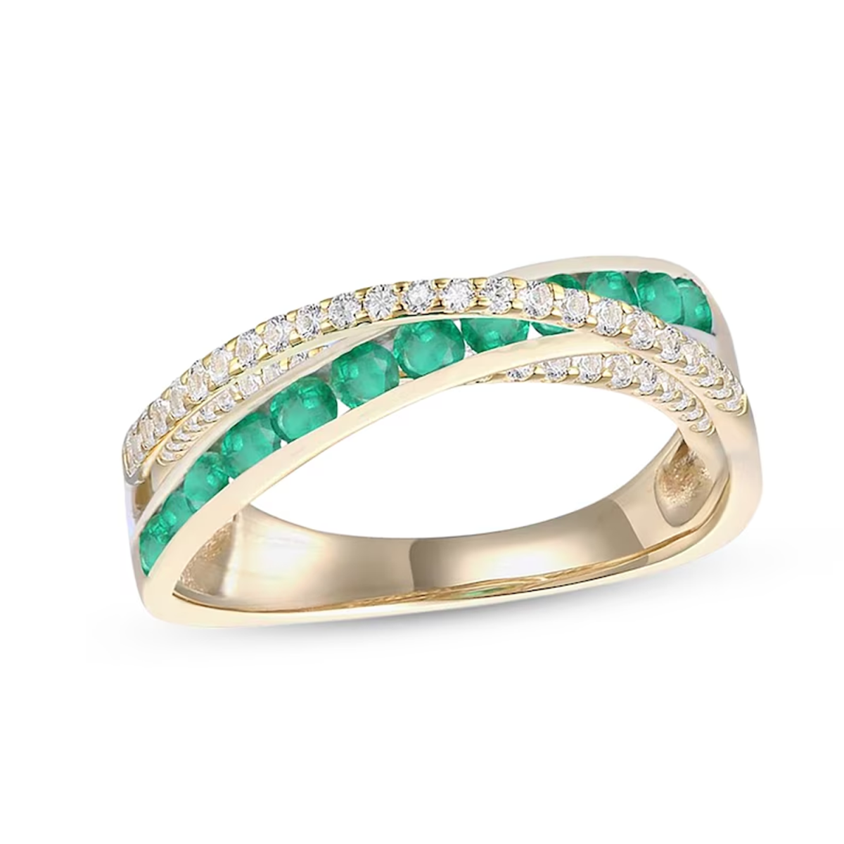 10K Gold 1/4ct Round-Cut Diamond Emerald Crossover Engraving Couple Wedding Ring-1