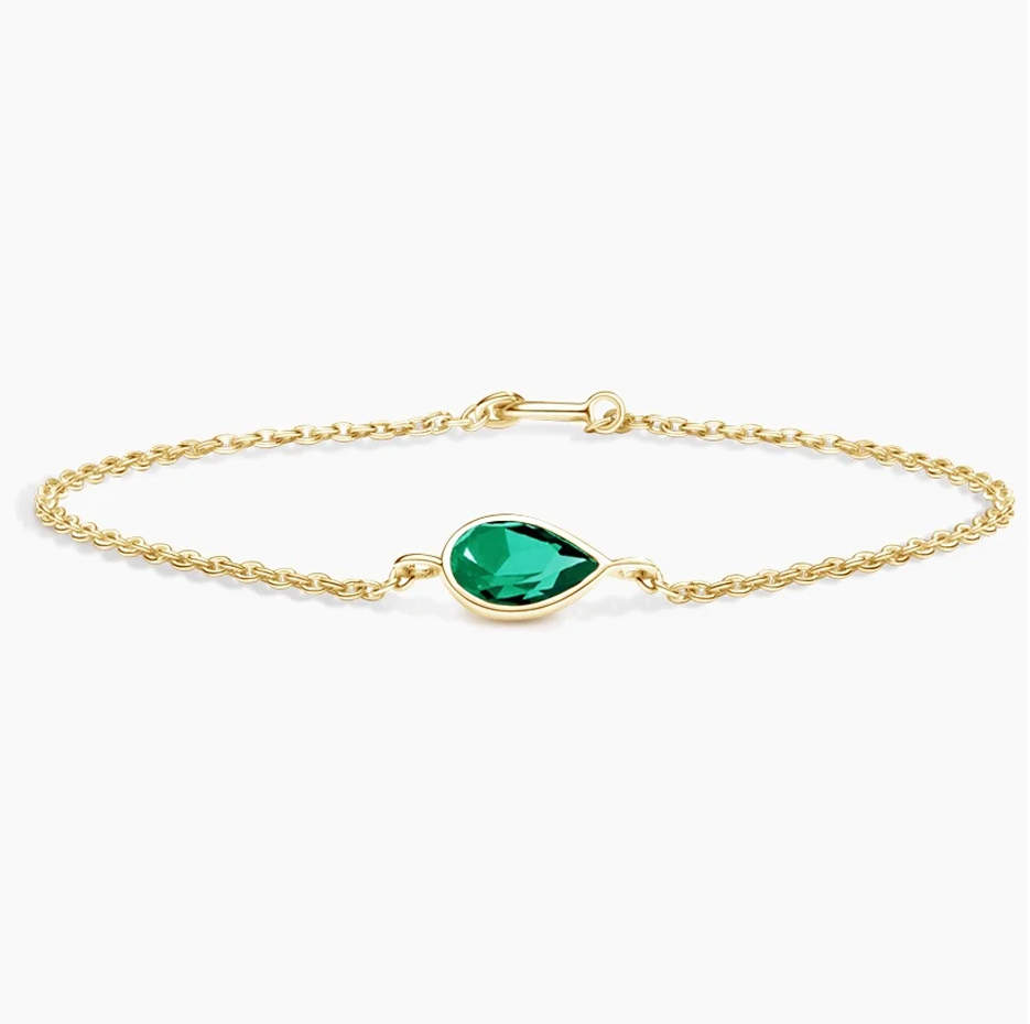 Bransoletka z łańcuszkiem kablowym 10K Gold 8 x 5 mm Pear Cut Emerald Bezel Set-3