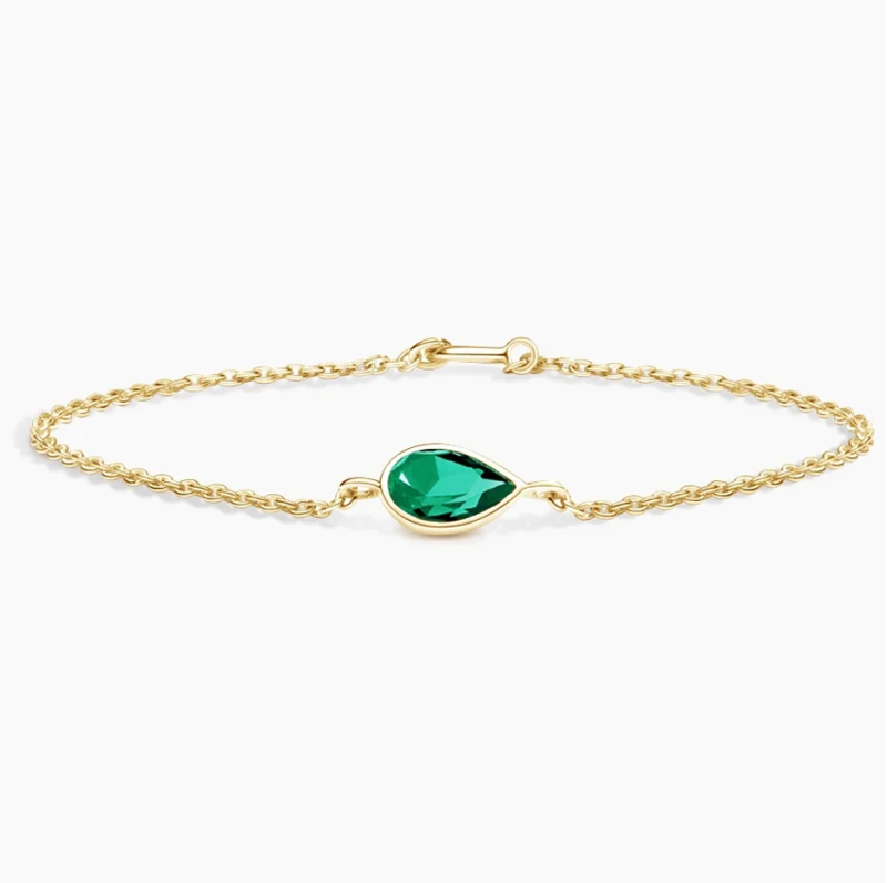 Pulseira de casal com corrente elástica em ouro branco de 10 quilates com esmeralda sintética em corte pera.-3