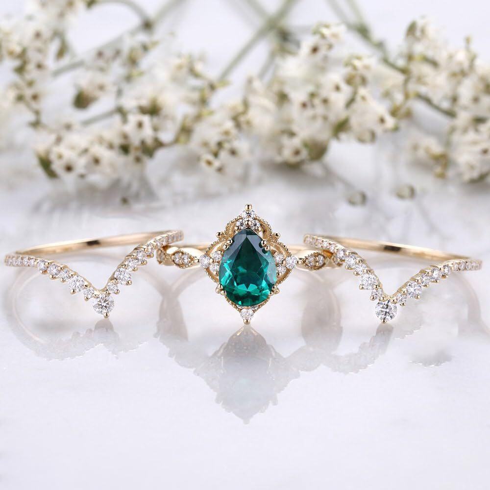 10K Gold 2.5 to 7.5 CT.T.W. Pear Cut Lab Created Emerald Bridal Set Anniversary Ring-5