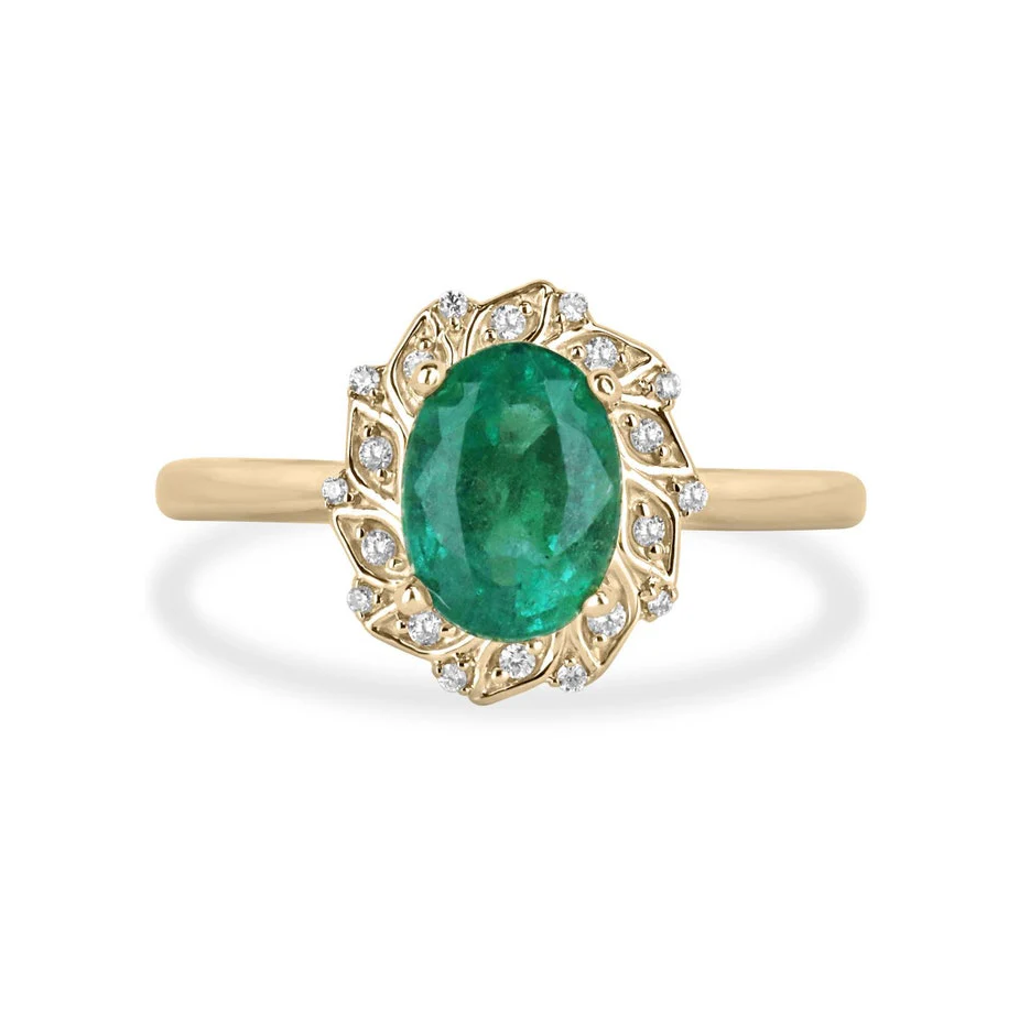 10K Gold 1.6 CT.T.W. Oval Cut Natrual Emerald & Diamond Floral Inspired Halo Engagement Band H Color VS Clarity-1