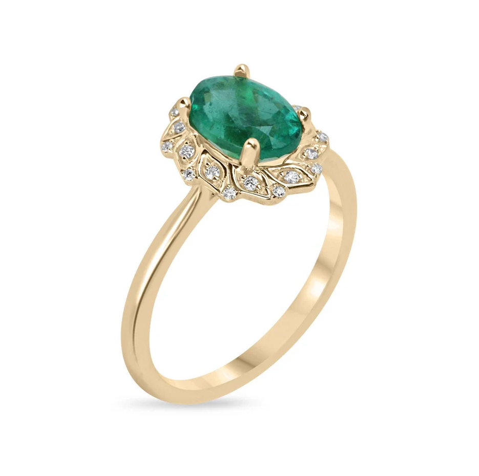 10K Gold 1.6 CT.T.W. Oval Cut Natrual Emerald & Diamond Floral Inspired Halo Engagement Band H Color VS Clarity-4