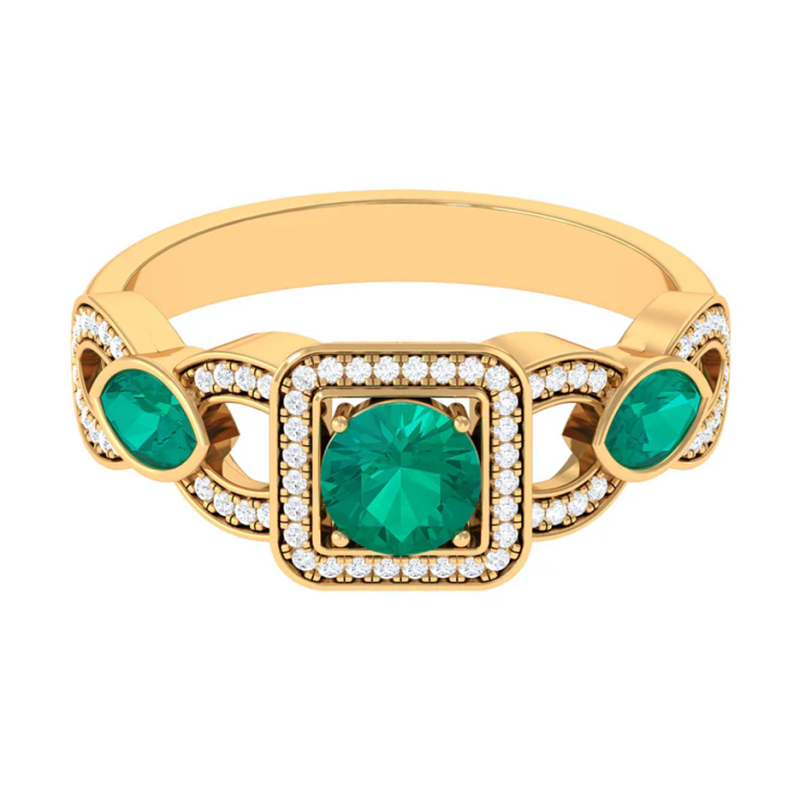 10K Gold 0.8 CT.T.W. Radiant Cut Emerald & Diamond Vintage Engagement Band-1