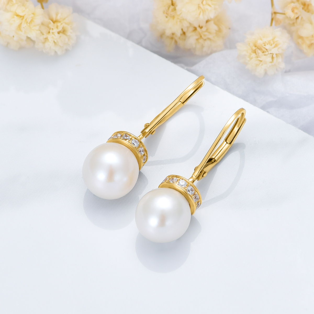 10K Gold Pearl Bead Drop Earrings-3