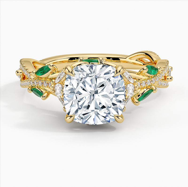 Verlobungsring aus 10-karätigem Gold mit 0,98 bis 3,48 Karat Gesamtgewicht, kissenförmigem Diamanten und Smaragd.-1