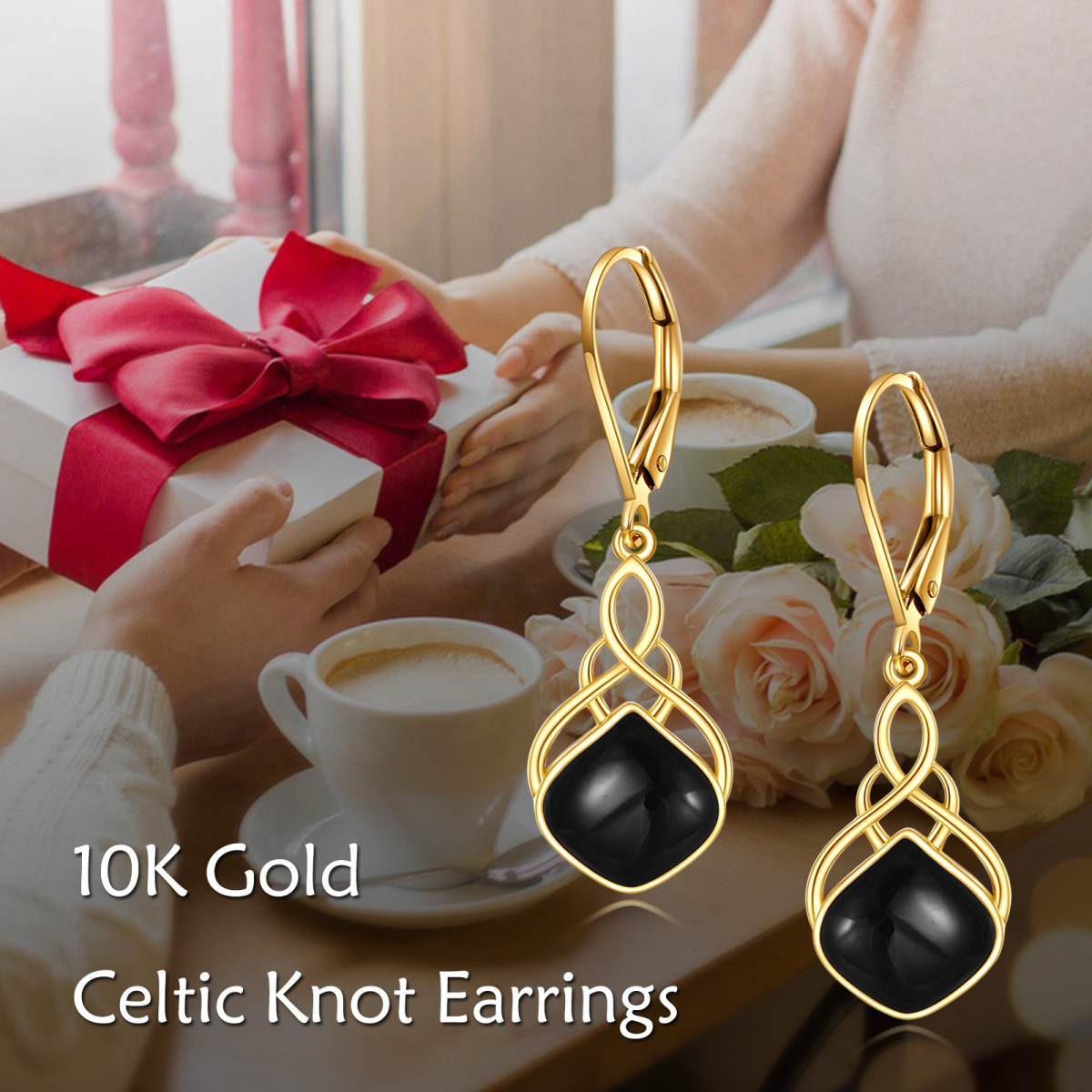 14K Gold Agate Celtic Knot Drop Shape Lever-back Earrings for Women-6