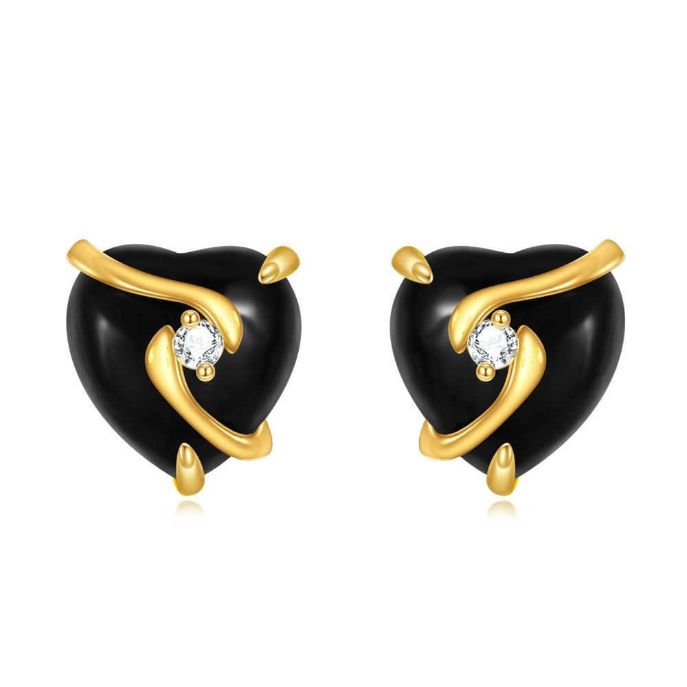 10K Gold Agate Heart Stud Earrings-1