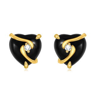 10K Gold Agate Heart Stud Earrings-5