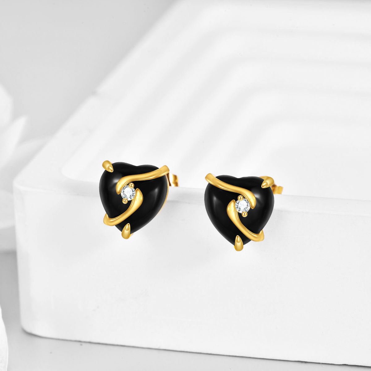 10K Gold Agate Heart Stud Earrings-3