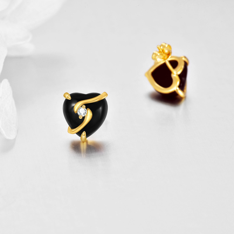 Brincos em ouro branco 10K com ágata em forma de coração-4