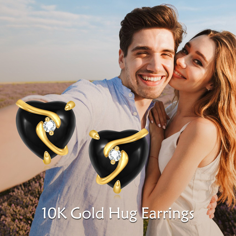 Brincos em ouro branco 10K com ágata em forma de coração-6