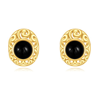 10K Gold Agate Oval Shaped Stud Earrings-2