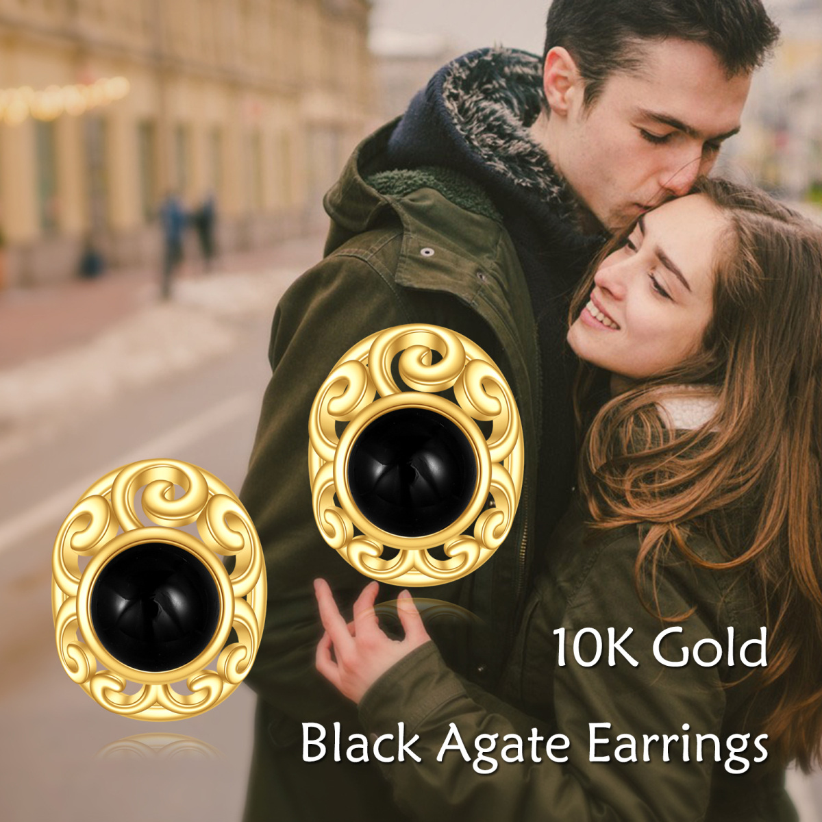 10K Gold Agate Oval Shaped Stud Earrings-6