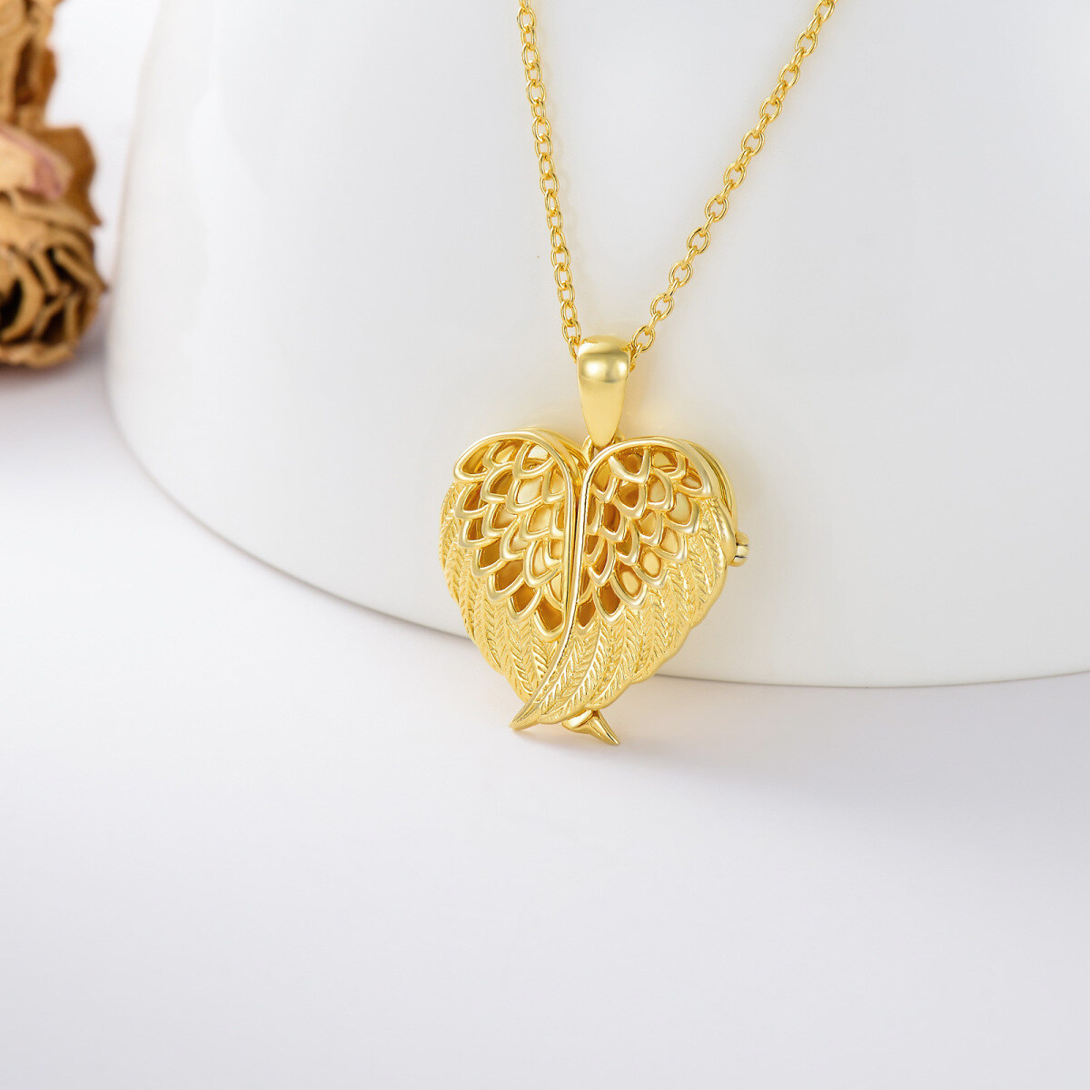 10K Oro Angel Wing Corazón Personalizado Grabado Foto Locket Collar-3