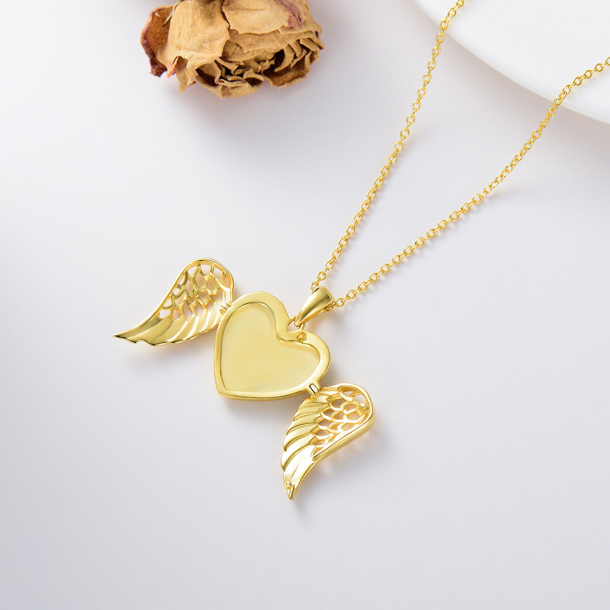 10K Gold Angel Wing Heart Personalized Engraving Photo Locket Necklace-5