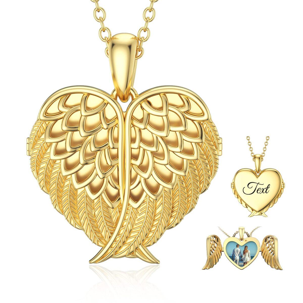 10K Gold Angel Wing Heart Personalized Engraving Photo Locket Necklace-1