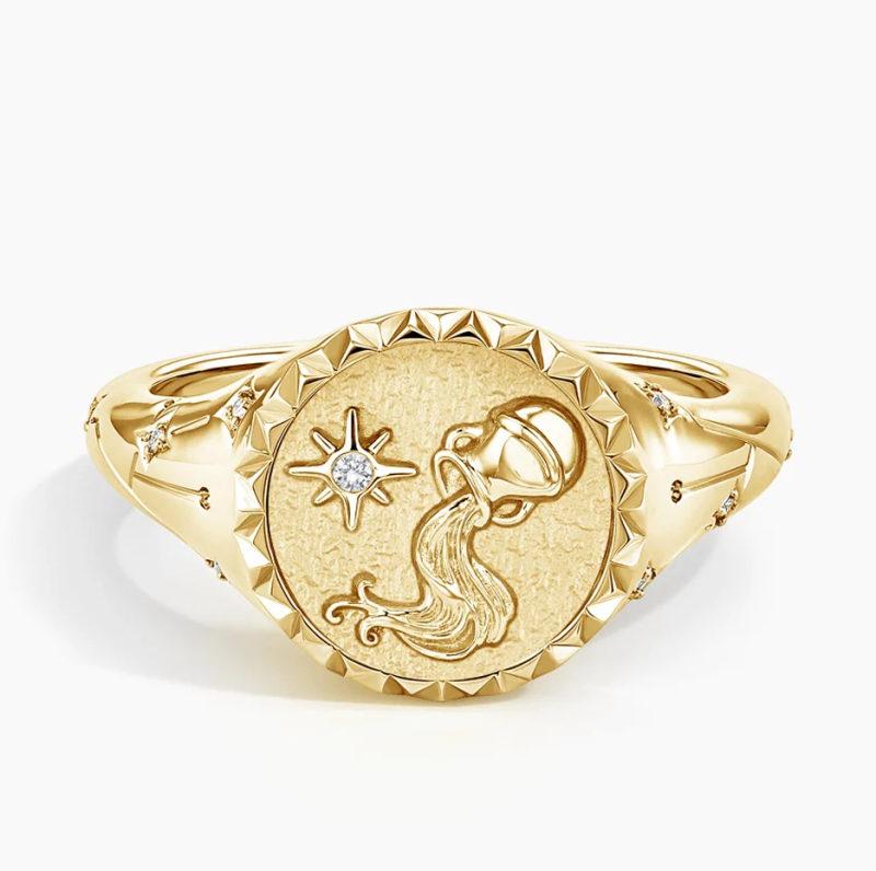 10K Gold Aquarius Zodiac 0.02 CT.T.W. Round Natrual Diamond Signet Band-1