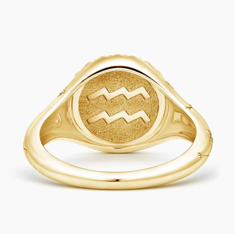 10K Gold Aquarius Zodiac 0.02 CT.T.W. Round Natrual Diamond Signet Band-3