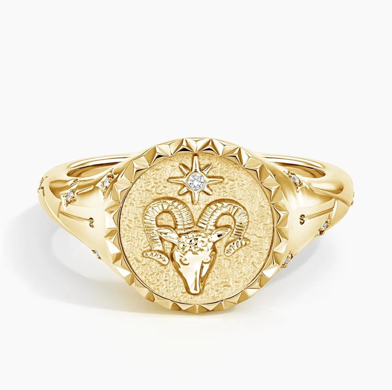 10K Gold Aries Zodiac 0.02 CT.T.W. Round Natrual Diamond Signet Band-1