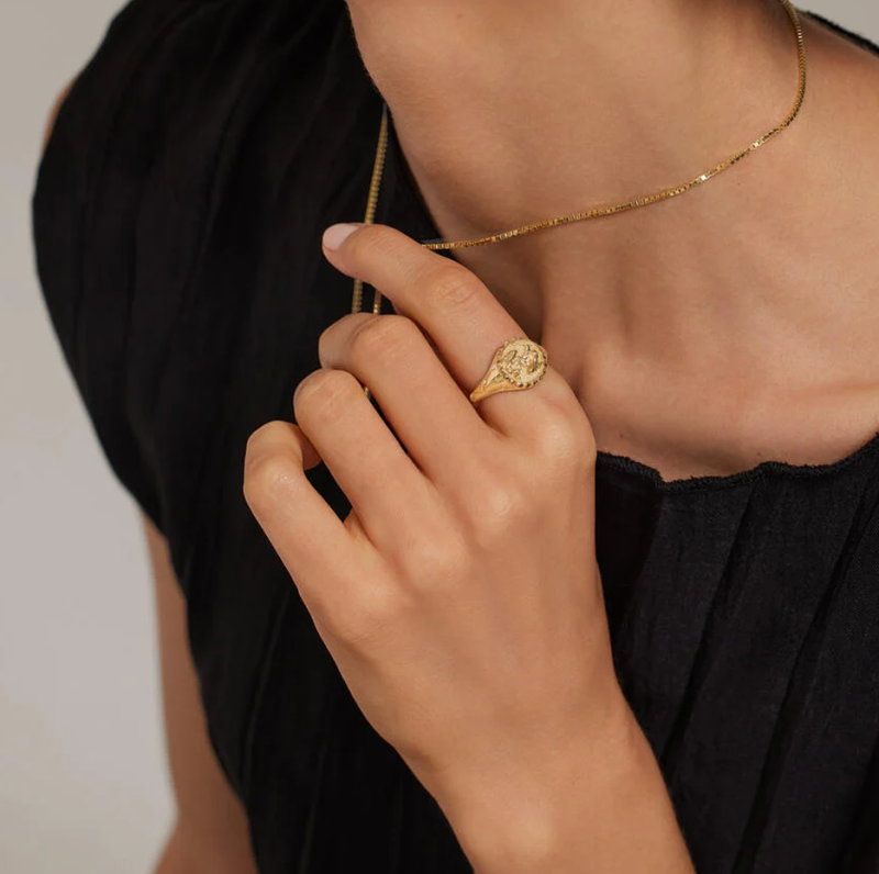 10K Gold Aries Zodiac 0.02 CT.T.W. Round Natrual Diamond Signet Band-2