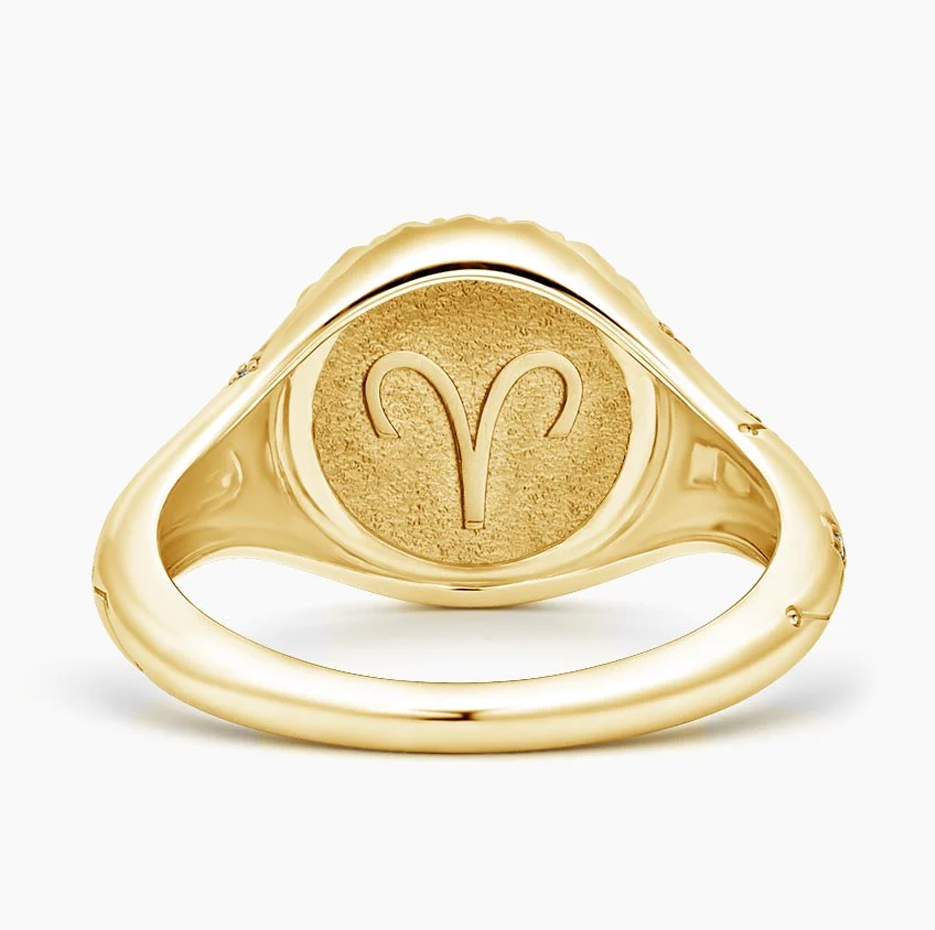 Zodíaco de Carneiro em ouro 14K 0,02 CT.T.W. Aliança de Sinete Redonda com Diamante Natural-3