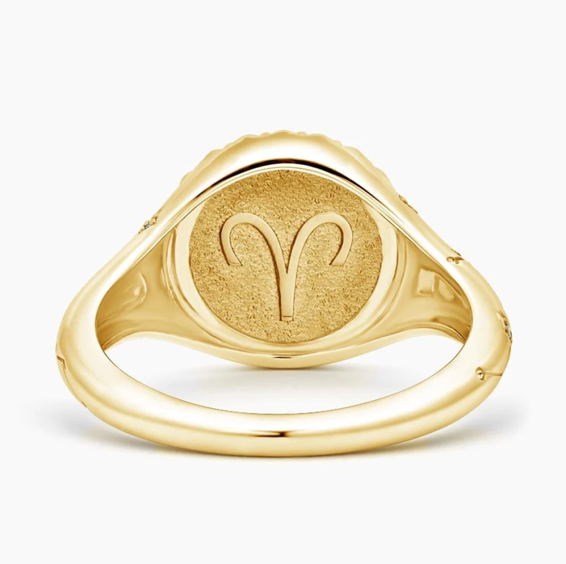 10K Gold Aries Zodiac 0.02 CT.T.W. Round Natrual Diamond Signet Band-3