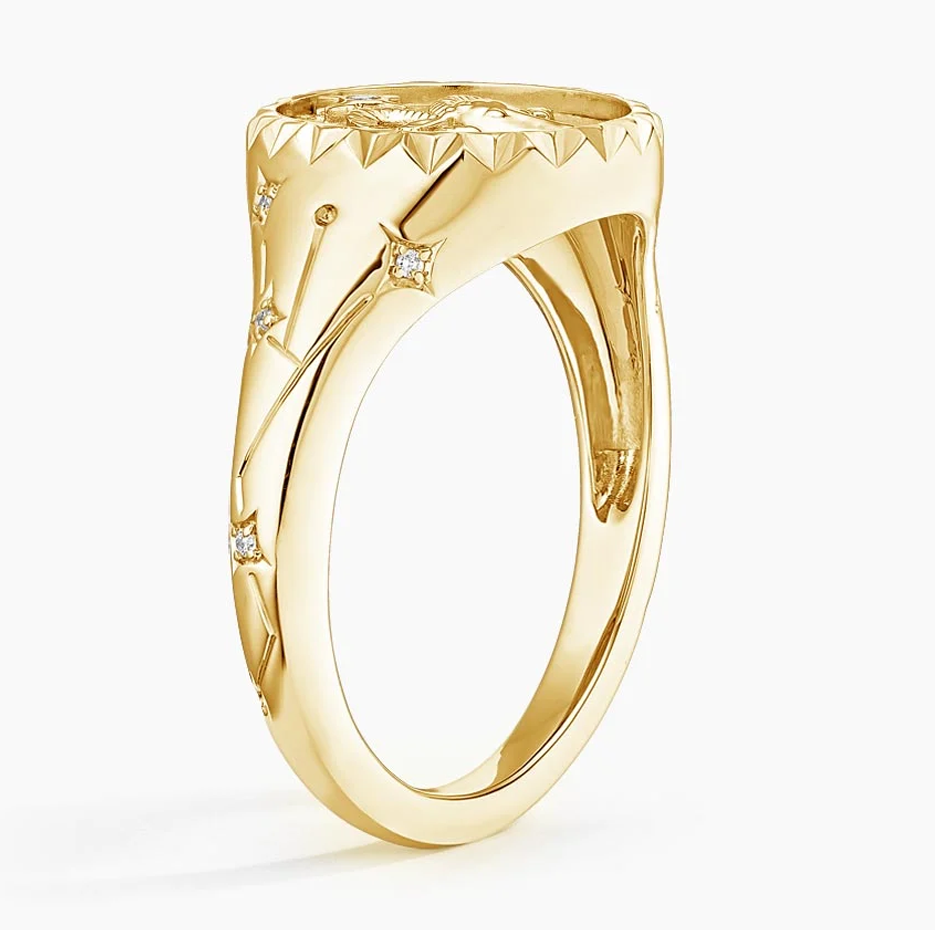 Zodíaco de Carneiro em ouro 14K 0,02 CT.T.W. Aliança de Sinete Redonda com Diamante Natural-4