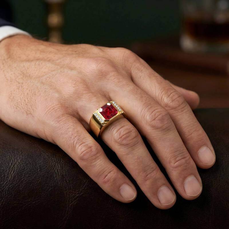 10K Gold Asscher Cut Moissanite & Ruby Men's Band for Men-2