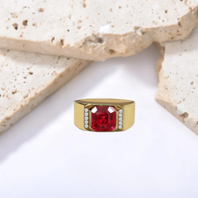 10K Gold Asscher Cut Moissanite & Ruby Men's Band for Men-3