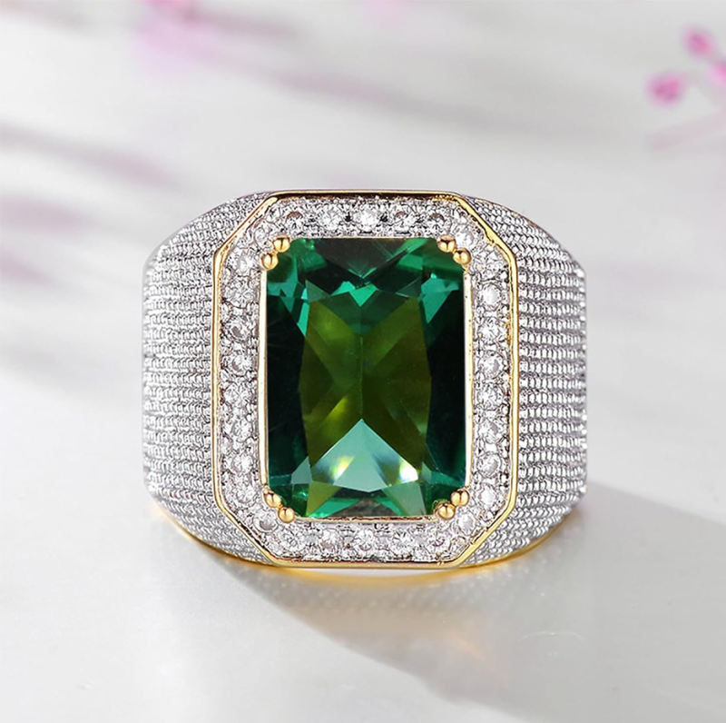 10K Gold Baguette Cut Emerald & Moissanite Wedding Band for Thumb Men Husband Father Grandpa-3