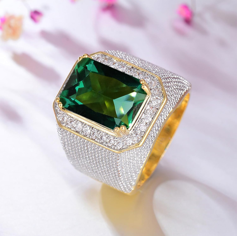 10K Gold Baguette Cut Emerald & Moissanite Wedding Band for Thumb Men Husband Father Grandpa-4