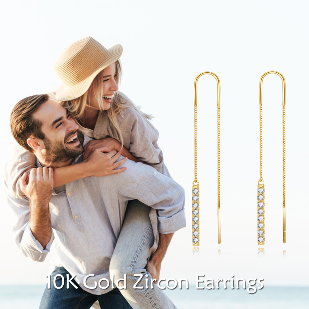 14K Gold Cubic Zirconia Bar Drop Earrings-4