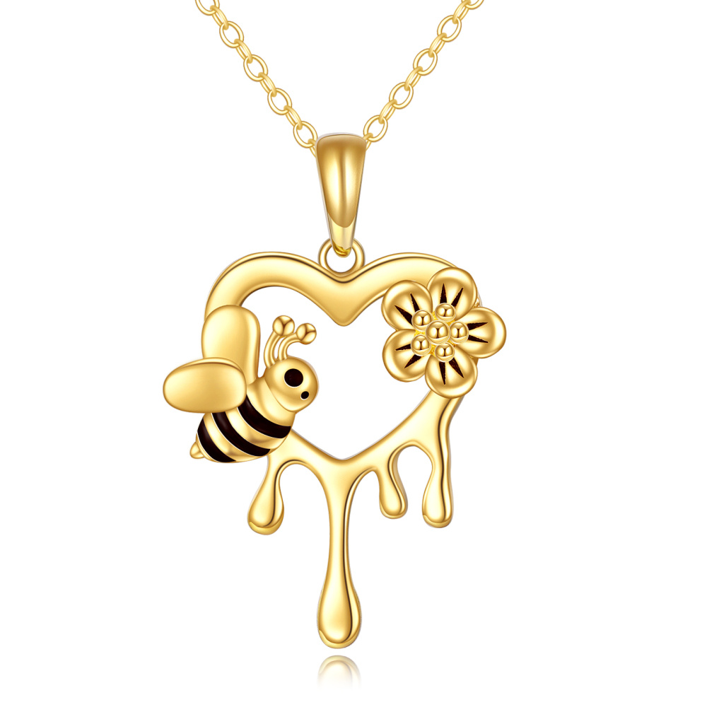 Collar con colgante de corazón de margarita y abeja de oro de 10 quilates para mujer-1