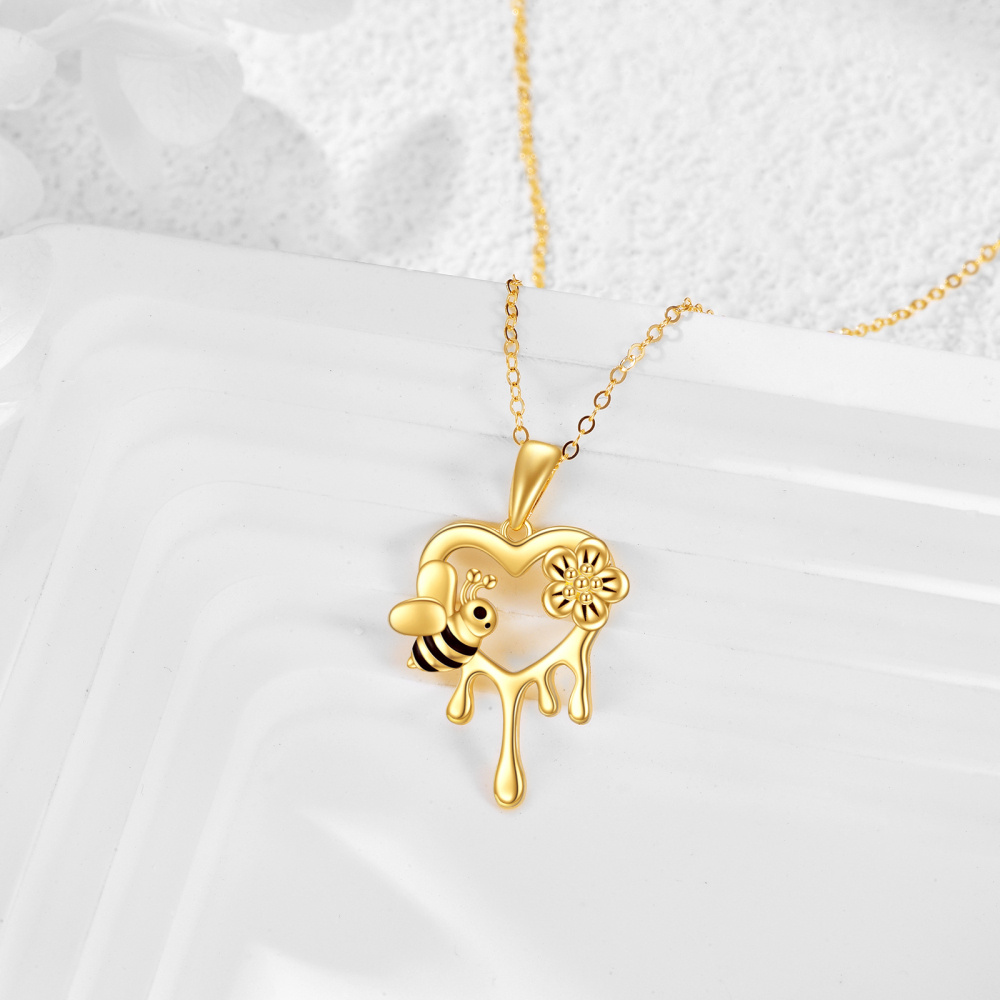 Collar con colgante de corazón de margarita y abeja de oro de 10 quilates para mujer-3