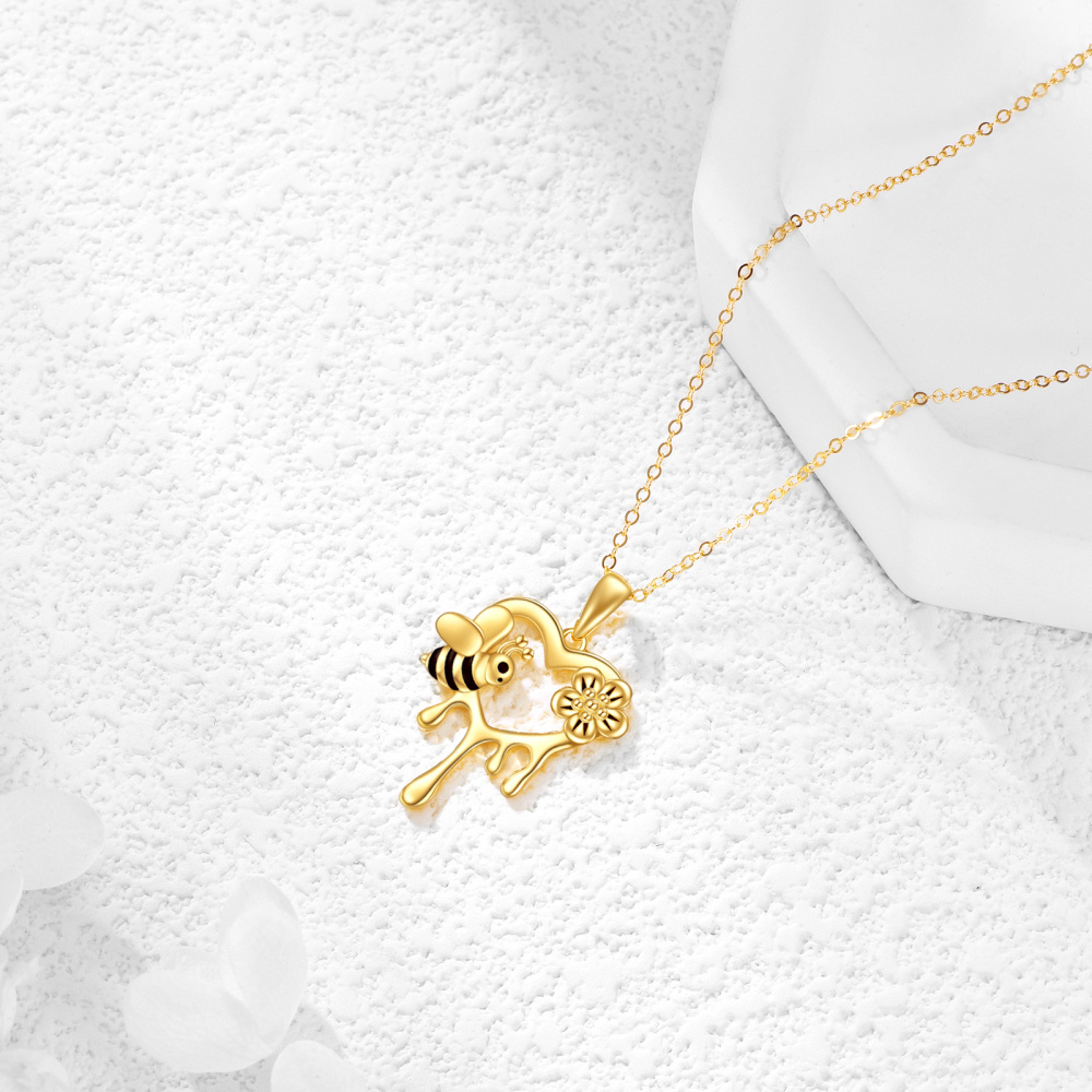 Collar con colgante de corazón de margarita y abeja de oro de 10 quilates para mujer-4