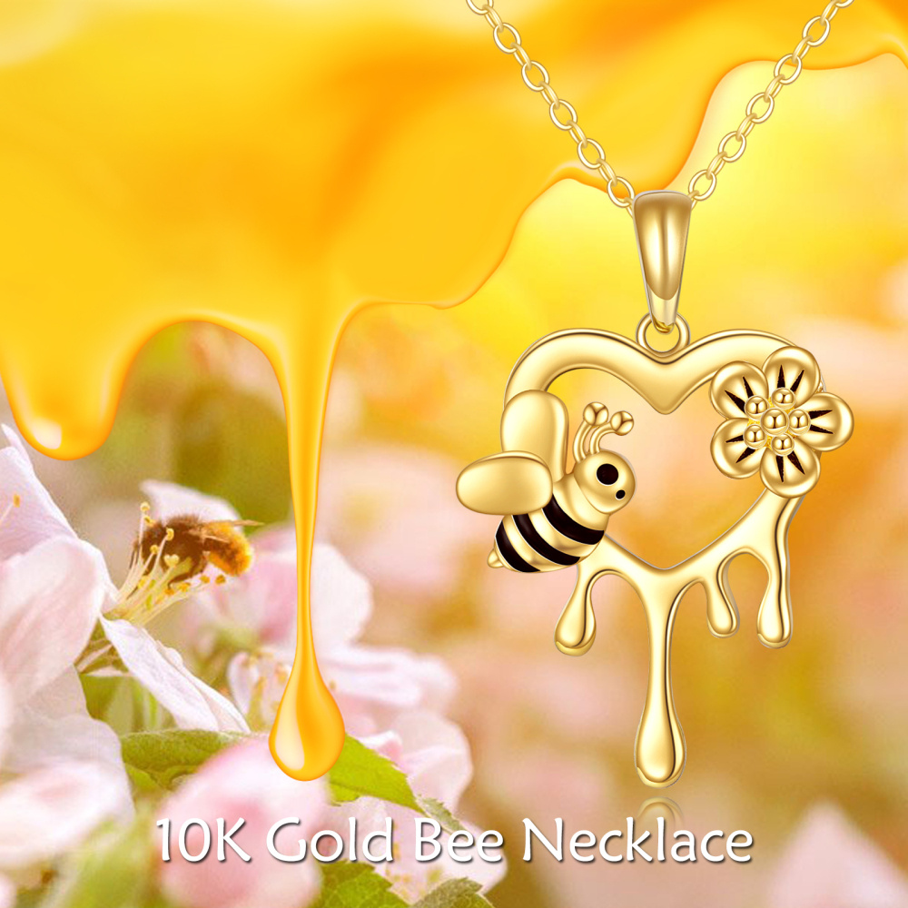 Collar con colgante de corazón de margarita y abeja de oro de 10 quilates para mujer-5