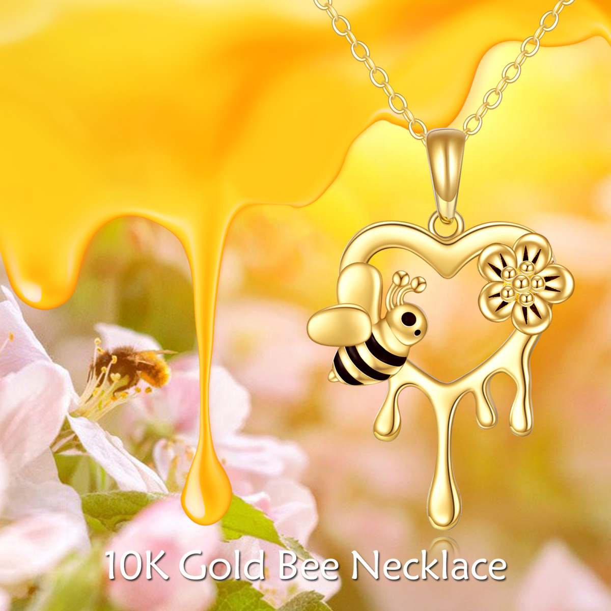 10K Gold Bee Daisy Heart Pendant Necklace For Women-5