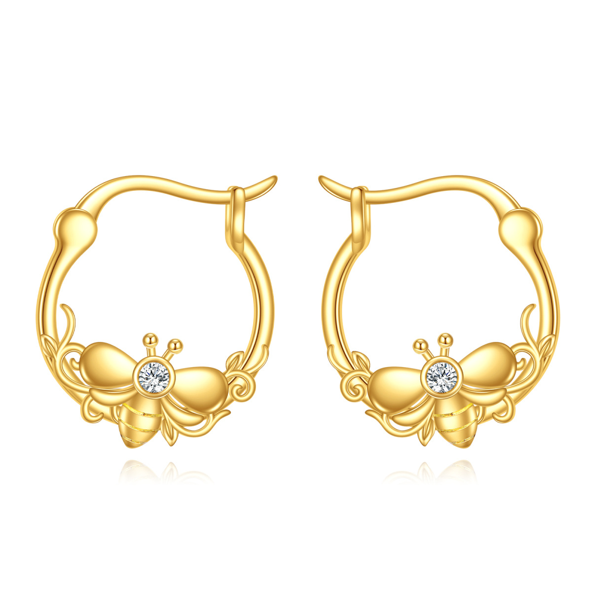 10K Gold Bee Hoop Earrings-1