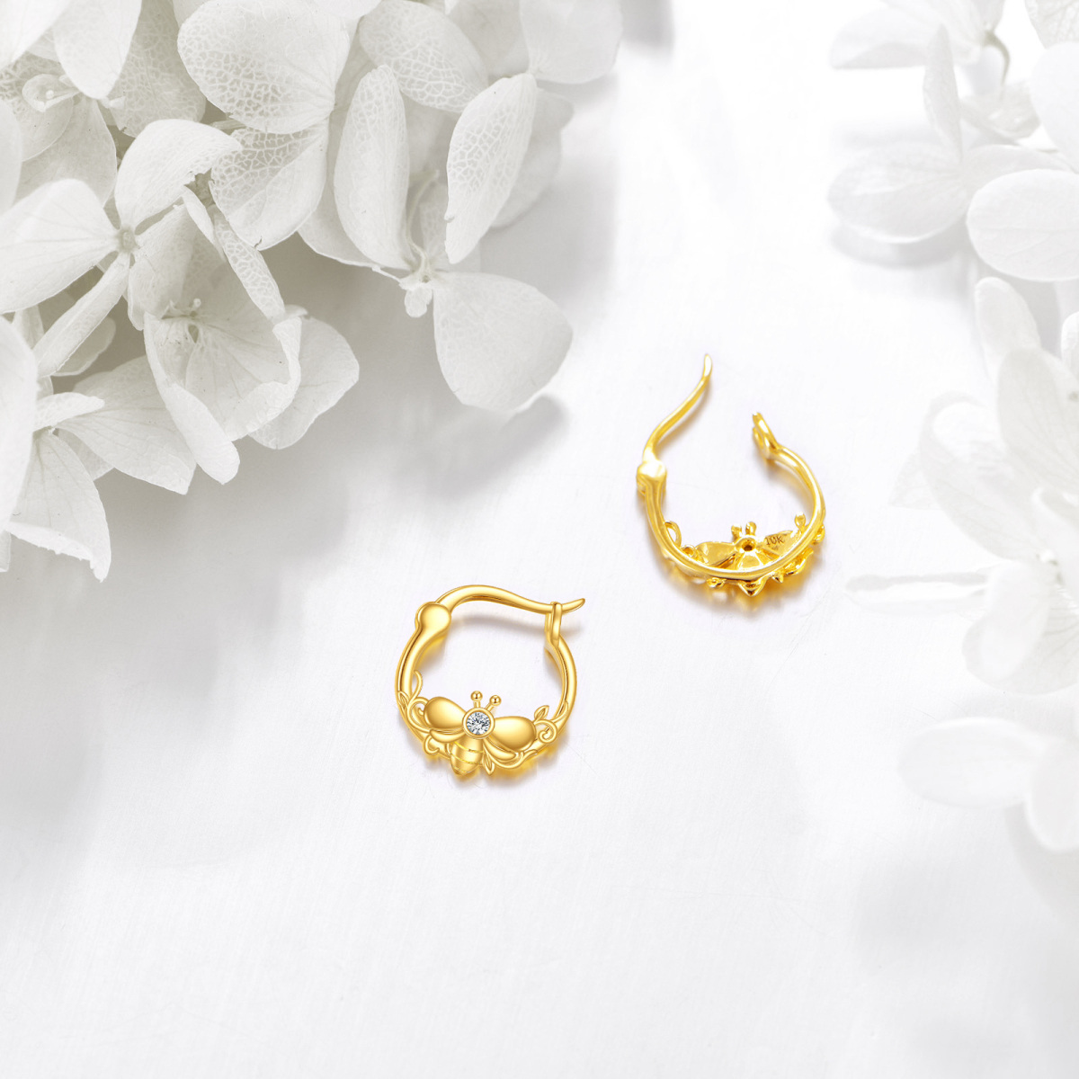 10K Gold Bee Hoop Earrings-3