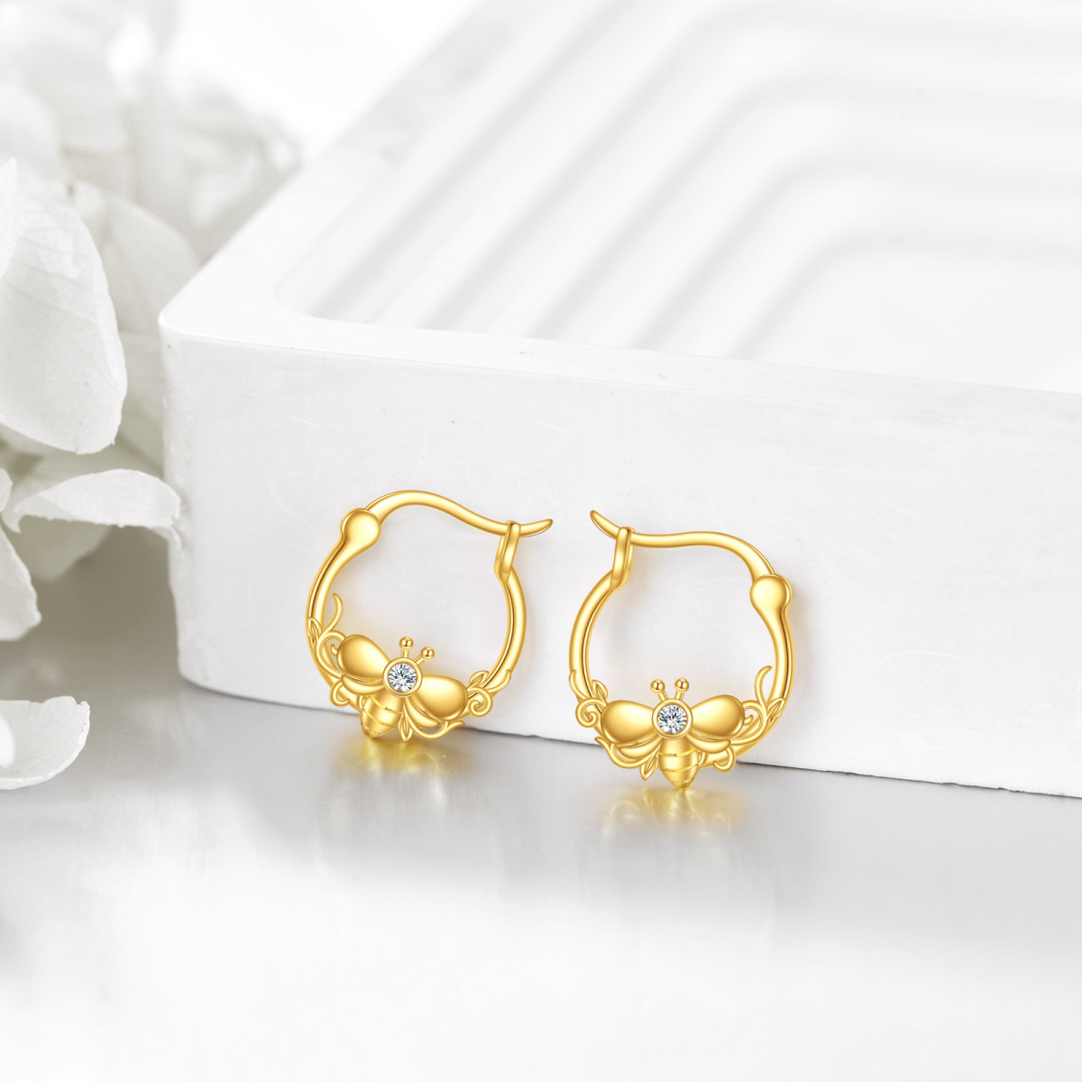 10K Gold Bee Hoop Earrings-4