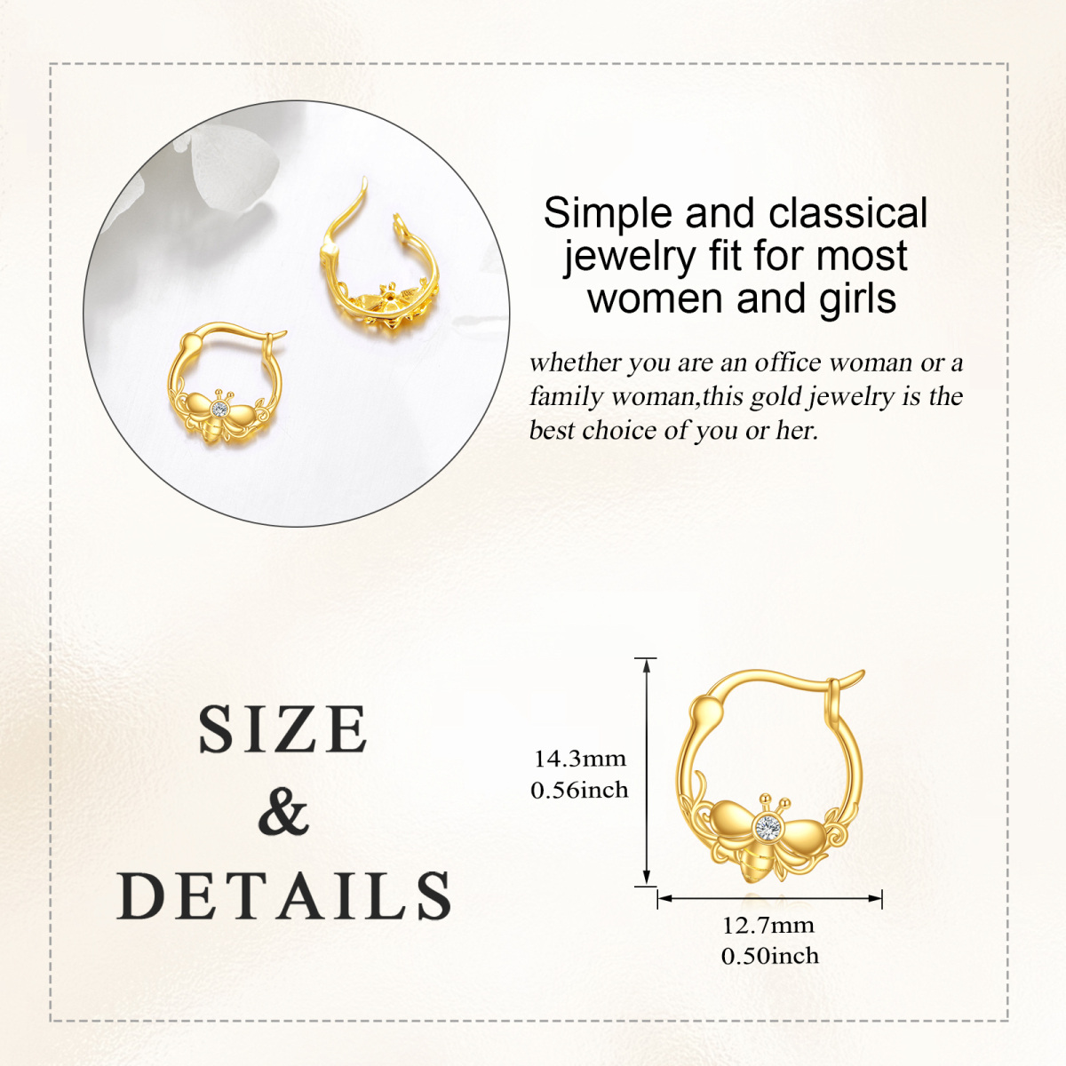 10K Gold Bee Hoop Earrings-5