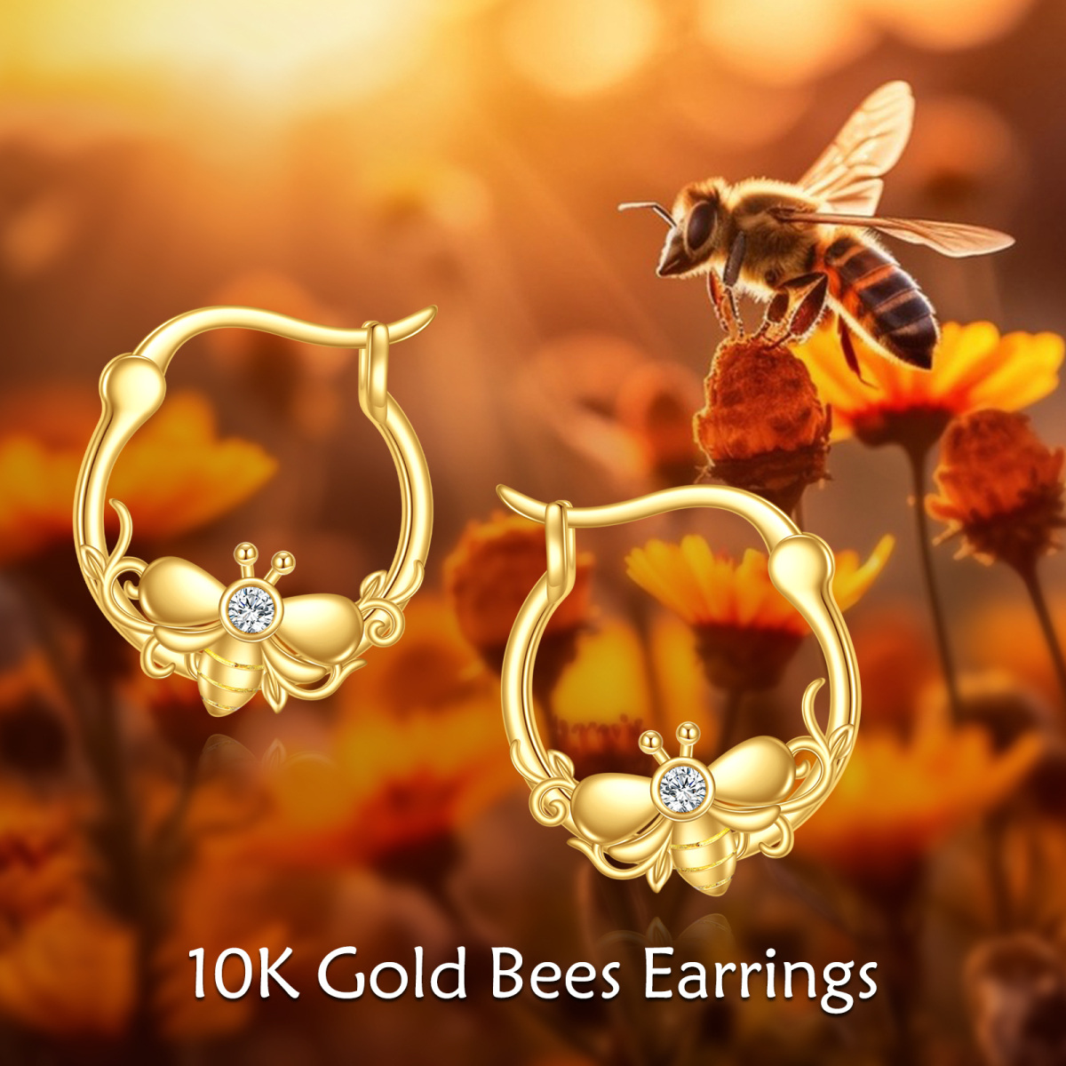 10K Gold Bee Hoop Earrings-6