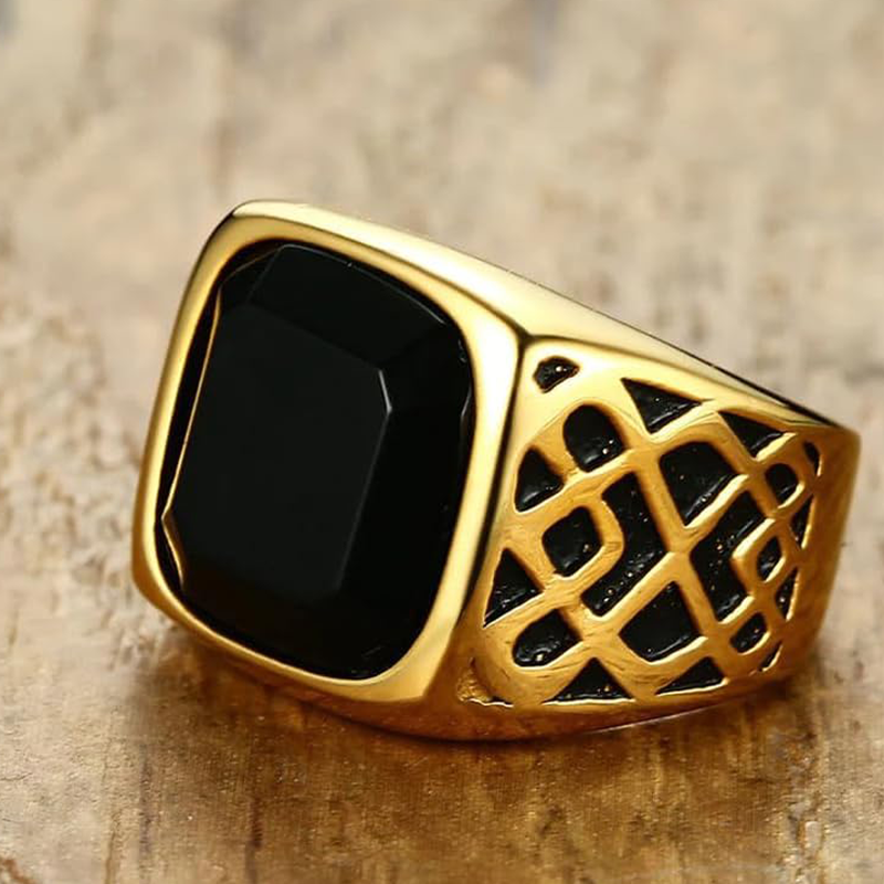 10K White Gold Black Agate Ring for Men-2